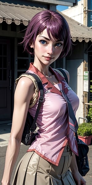 realistic, sh1, senjougahara hitagi, short hair, sleeveless, necktie, school uniform, pleated skirt, black thighhighs, pink shirt, backpack, smile, close up