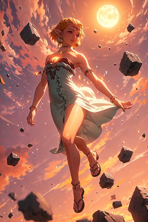 1 girl:1.5, freckles, short hair,light blonde hair,jewelry,earrings,pointy ears,bare shoulders,red eyes,strapless,bracelet,dress, white  and green dress, circlet,collarbone, falling,sky, bare freet,  perfect hands, moon, see-through dress, breast, ,r1ge,
glowing, aura, energy, flying debris,  floating hair,sandals, red sky