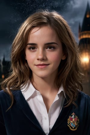 Realistic, portrait, photo, Hermione Granger, emmaWatson, Emma Watson, 1girl,  details, brown eyes, black hair, disheveled, very long hair, perfect eyes, smile, glossy lips, freckles, dust  particles, hogwarts, hogwarts uniform, source_harrypotter, Hermione Granger,witch hat, raining, night, dark, light particules, neck line, open clothes, 