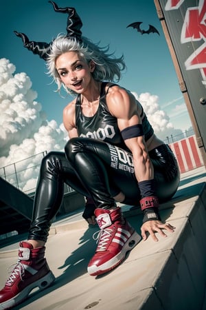 1 girl, outdoor,  happy, noi_(dorohedoro), muscles,  white hair, red eyes:1.3, mechanic overall:1.2, pop, skatepark, urban, graffiti, latex, close up, fingerless gloves, bat, dunamic, happy, hornes