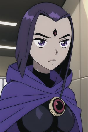 Raven,
Teen Titans,
Grey skin,
1 girl, purple cape, black bodysuit
