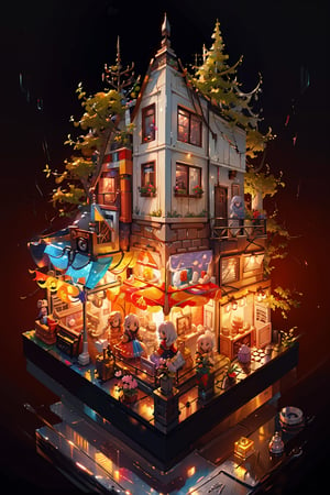 masterpiece, best quality, ultra detailed, hyperresolution, ultra-resolution, store, coffe shop, lego set, mini\(ttp\), isometric ,miniature, ,landscape, colorfull, dynamic, flowers, market