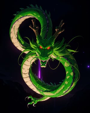 wyrm,shenlong, oriental dragon, night, glowing eyes, shiny, galaxy, stars, night sky, sharps theets, long whiskers, purple hair, floating debris, looking_at_viewer, symetric, very long snake, intrincate details, realistic, ,r1ge