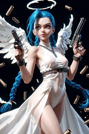 score_9, score_8_up, score_7_up, jinx , portrait, realistic, leotard, jewerly, chains, medium breast, ddk, bfg, aura, angel wings, bazoka, guns, bullets, white dress, transparent clothes, 