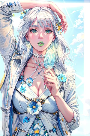 realistic, masterpiece, 4k quality, details, white hair, loose dress, white dress, blue denim jacket, blue jacket, ice lolipop,  green lips:1.2, yellow flowers, black eyes:1.2, perfect hands, silver jewerly, bright, summer, blue sky, natural light,