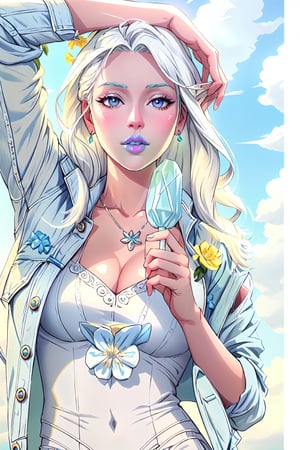 realistic, masterpiece, 4k quality, details, white hair, loose dress, white dress, blue denim jacket, blue jacket, ice lolipop,  green lips:1.2, yellow flowers, black eyes:1.2, perfect hands, silver jewerly, bright, summer, blue sky, natural light,