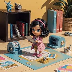 mini\(ttp\), (8k, RAW photo, best quality, masterpiece:1.2), 
polly pocket set, polly pocket, miniature, toy, playfull, plastuc texture, black hair, office, paper, printer, 