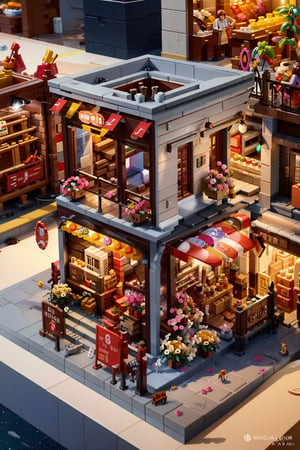 masterpiece, best quality, ultra detailed, hyperresolution, ultra-resolution, store, coffe shop, lego set, mini\(ttp\), isometric ,miniature, ,landscape, colorfull, dynamic, flowers, market