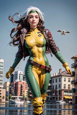 1girl,long hair,curlu hair, red and white hair, breasts, green eyes,lipstick,makeup,lips,white hair,two-tone hair,black headband:1.4,
yellow bodysuit,jacket,green jacket, gloves,belt,yellow gloves,green bodysuit, bodysuit, multicolored bodysuit,superhero, skin tight,multicolored clothes, rogue, long boots, 80s look, heels,  happy, floating debris,  natual light, realistic:1.4, floating in the hair, blue sky, 
skyscraper, floating, flying, portrait, 
