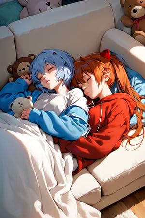 source_anime, score_9, score_8_up, score_7_up,  2_girls, ayanami_rei and asuka langley,  cozy,  sleeping, couch, lay down, aax, blanket, hoodie, teddy_bear, pijama, 