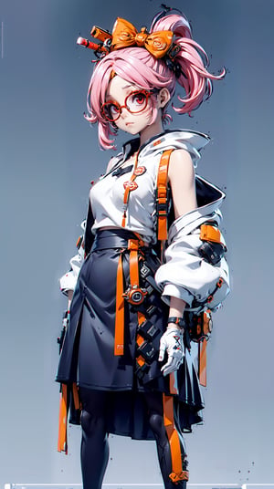 purah, red glasses, hair ornament, hair stick, red headband, white shirt, bare shoulders, white jacket, black skirt, orange leggings, combat boots, village, japan,urban techwear, pink hair