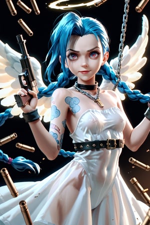 score_9, score_8_up, score_7_up, jinx , portrait, realistic, leotard, jewerly, chains, medium breast,  aura, angel wings, bazoka, guns, bullets, white dress, transparent clothes, ddk. bfg, disney