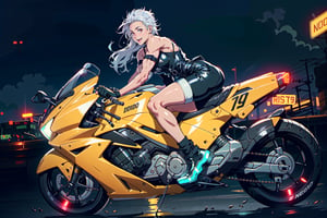 1 girl, outdoor,  happy, noi_(dorohedoro), muscles,  white hair, red eyes:1.3, mechanic overall:1.2,  latex, short, sexy, hot, bareshoulders,  happy, glossy, tron bike, neon lights, speedlight, future bike, flying bike, 