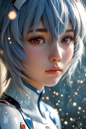 Close-up details, realistic style, photo, soft lighting, dimension, details, score_9, score_8_up, score_7_up, ayanami_rei, dust particles, light, shy, blushed, side, plug suit, red eyes, 