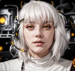 white hair, golden gamer headphones, silver gamer microphone, messy hair, white eyes, pale skin, freckles:.001.starship, black background, serious,black eyeshadow, closed_mouth 