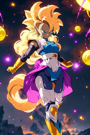 1girl, fasha,  eraings, saiyan armor,white gloves 1 tail, white boots, monkey tail, ,Ki Charge,r1ge, golden hair, yellow hair, girl:1.4, pink leotard, glowing, flying debris, magic, aura, bike short, fist, dragon ball,Zangya_DB