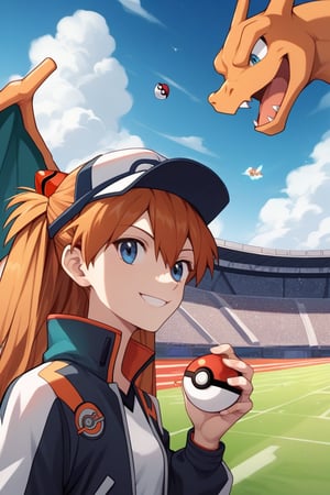 source_anime, score_9, score_6_up, score_5_up, charizard and asuka_langley, pokemon, evangelion,  pokeball in hand, , dynamic, pokemon and trainer, jacket, snaphat, clouds, stadium, smile, 
