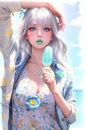 realistic, masterpiece, 4k quality, details, white hair, loose dress, white dress, blue denim jacket, blue jacket, ice lolipop,  green lips:1.2, yellow flowers, black eyes:1.2, perfect hands, silver jewerly, bright, summer, blue sky, natural light,