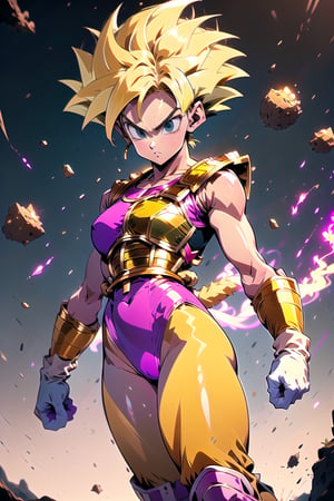 1girl, fasha,  eraings, saiyan armor,white gloves 1 tail, white boots, monkey tail, ,Ki Charge,r1ge, golden hair, yellow hair, girl:1.4, pink leotard, glowing, flying debris, magic, aura, bike short, fist, dragon ball z