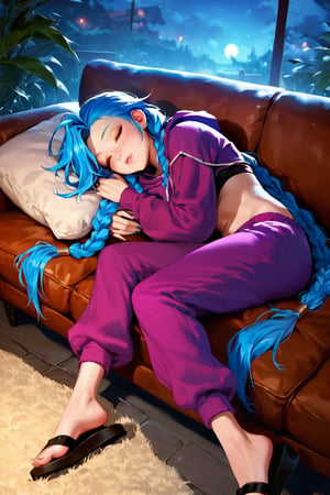 source_anime, score_9, score_8_up, score_7_up,  1girl, jinx (league of legends),  harem pants,  sandals, cozy, night, fog, sleeping, couch, lay down, aax, blanket, hoodie, 