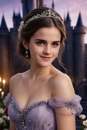 Realistic,1girl,  details, brown eyes, black hair, disheveled, very long hair, pony tail, perfect eyes, smile, glossy lips, freckles, dust  particles,  emma watson, violet dress, transparent dress,  jewerly, tiara, wedding dress, flowers, earings, red lips, make up, castle, howgarts, night, floating candels, happy, 