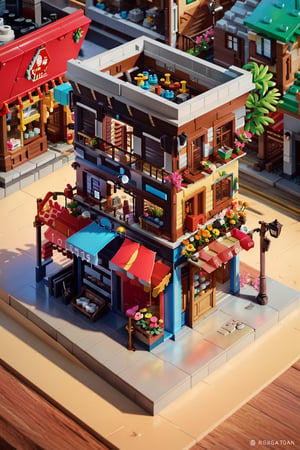 masterpiece, best quality, ultra detailed, hyperresolution, ultra-resolution, store, coffe shop, lego set, mini\(ttp\), isometric ,miniature, ,landscape, colorfull, dynamic, flowers, market