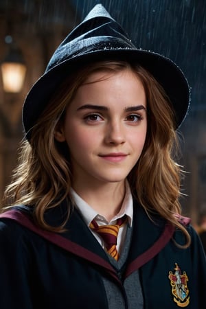 Realistic, portrait, photo, Hermione Granger, emmaWatson, Emma Watson, 1girl,  details, brown eyes, brown hair, disheveled, very long hair, perfect eyes, smile, glossy lips, freckles, dust  particles, hogwarts, hogwarts uniform, source_harrypotter, Hermione Granger,witch hat, raining, night, dark, light particules, neck line, open clothes, 