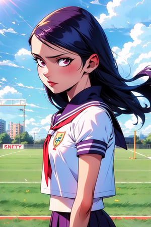 girl1, school_girl,  long hair with bangs,  black hair,  , line anime,photorealistic,, photorealistic, 
1 girl, realistic, masterpiece, 8k, anime style, band uniform, trumpet, music band, skirt, long socks, white socks, football field, suny day, blue sky, clouds, white uniform, seifuku, portrait, ,r1ge