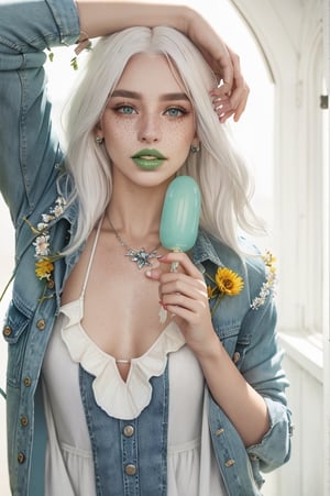 white hair, few freckles:.01, blue sky, natural light, loose dress, denim jacket, lolipop, green lips, biting lip, flowers, black eyes, perfect hands, silver jewerly, 