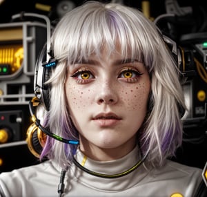 multicolred hair, golden gamer headphones, silver gamer microphone, messy hair, white eyes, pale skin, freckles:.001.starship, black background, serious,black eyeshadow, closed_mouth 