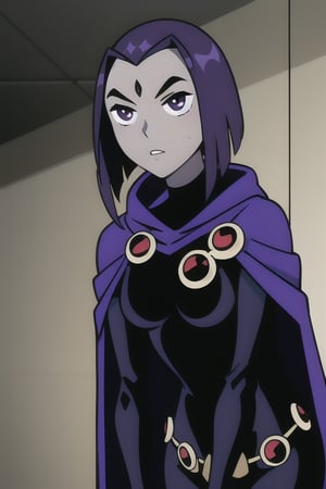 Raven,
Teen Titans,
Grey skin,
1 girl, purple cape, black bodysuit

