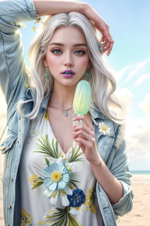 realistic, masterpiece, 4k quality, details, white hair, loose dress, white dress, blue denim jacket, blue jacket, ice lolipop,  green lips:1.2, yellow flowers, black eyes:1.2, perfect hands, silver jewerly, bright, summer, blue sky, natural light,