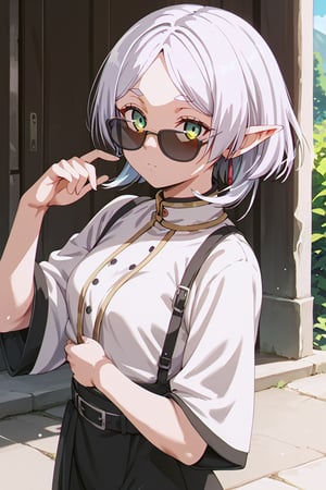 score_9, score_8_up, score_7_up, ddk, bfg, blushed,  frieren, sousou_no_frieren, 1girl, green_eyes, white_hair, grown up, short hair, sunglasses, medium breast, 