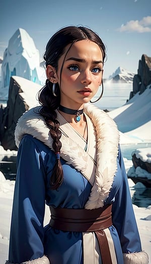 katara, 1 girl,brown skin, brown-skinned female, blue eyes, braid, choker, cold, ice, snow,furry jacket, full blue coat, iceberg, eskimo, kimono, fog