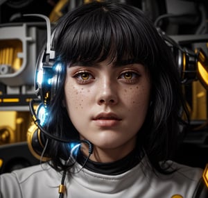 black hair, golden gamer headphones, silver gamer microphone, messy hair, white eyes, pale skin, freckles:.001.starship, black background, serious,black eyeshadow, closed_mouth 