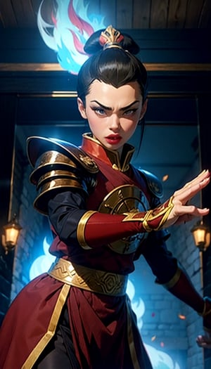 azula, 1 girl, blue fire:1.2, ornaments, ancient palace, natural light, realistic, lipstick, makeup, ponytail, topknot, blue lighting, metallic shoulder pad, samurai,r1ge, blue, shoulder armor, kung fu pose