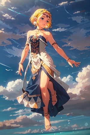 1 girl:1.5, freckles, short hair,light blonde hair,jewelry,earrings,pointy ears,bare shoulders,green eyes,strapless,bracelet,dress, white  dress, circlet,collarbone, falling,sky, bare freet,  perfect hands, clouds, light, water, see-through dress, breast, 