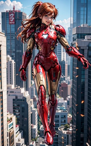1 girl, lnog hair, side,  full body, ,iron man suit,  pauldrons, ,iron man, open clothes, , abs, ,souryuuasukalangley, evangelion, eva suit, orange hair, floating in the sky, cityscape, day light, details, reflective, fighting ,mecha