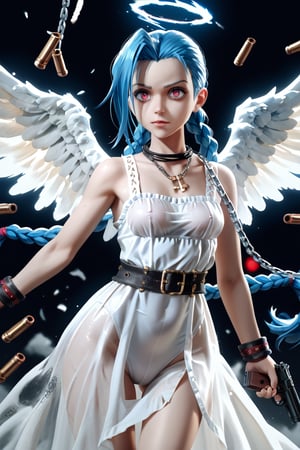 score_9, score_8_up, score_7_up, jinx , portrait, realistic, leotard, jewerly, chains, medium breast,  aura, angel wings, bazoka, guns, bullets, white dress, transparent clothes, ddk. bfg, ghibli syle, 