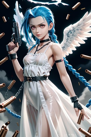 score_9, score_8_up, score_7_up, jinx , portrait, realistic, leotard, jewerly, chains, medium breast,  aura, angel wings, bazoka, guns, bullets, white dress, transparent clothes, ddk. bfg, ghibli syle, 