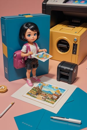 mini\(ttp\), (8k, RAW photo, best quality, masterpiece:1.2), 
polly pocket set, polly pocket, miniature, toy, playfull, plastuc texture, black hair, office, paper, printer, Stationery,  landscape