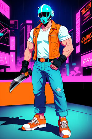 hotline miami, hotline miami biker, cyan bike helmet, pink vest, white shirt, blue jeans, orange sneakers, cyan fingerless gloves, meat cleaver, muscular, 1man, synthwave style, rain