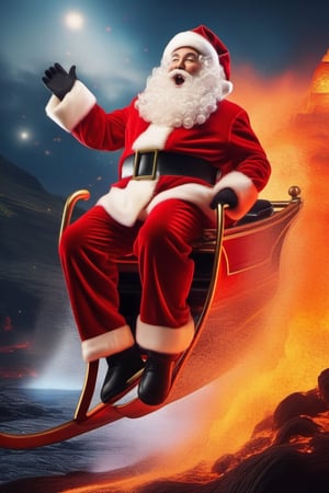 Santa claus in his sleigh jumping out of lava pool