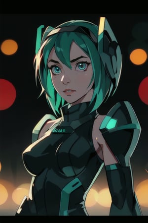 cgmech, beautiful eyes, upper body, underboob,  portrait, robot, armor, Hatsune Miku, neon light, 8K, RAW, best quality, masterpiece, ultra high res, colorful, (medium wide shot), (dynamic perspective), sharp focus , (depth of field, bokeh:1.3), extremely detailed eyes and face, beautiful detailed eyes,large breasts,(black gold, trimmed gear:1.2),(In a futuristic weapons factory:1.2), ((masterpiece, best quality)),  Detailed background, spaceship interior  