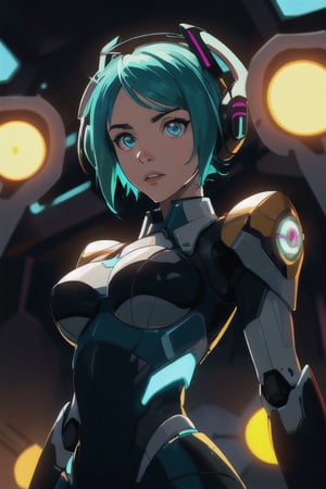 cgmech, beautiful eyes, upper body, underboob,  portrait, robot, armor, Hatsune Miku, neon light, 8K, RAW, best quality, masterpiece, ultra high res, colorful, (medium wide shot), (dynamic perspective), sharp focus , (depth of field, bokeh:1.3), extremely detailed eyes and face, beautiful detailed eyes,large breasts,(black gold, trimmed gear:1.2),(In a futuristic weapons factory:1.2), ((masterpiece, best quality)),  Detailed background, spaceship interior  