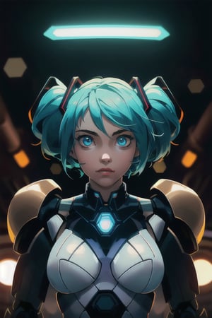 cgmech, beautiful eyes, upper body, underboob,  portrait, robot, armor, Hatsune Miku, neon light, 8K, RAW, best quality, masterpiece, ultra high res, colorful, (medium wide shot), (dynamic perspective), sharp focus , (depth of field, bokeh:1.3), extremely detailed eyes and face, beautiful detailed eyes,large breasts,(black gold, trimmed gear:1.2),(In a futuristic weapons factory:1.2), ((masterpiece, best quality)),  Detailed background, spaceship interior  