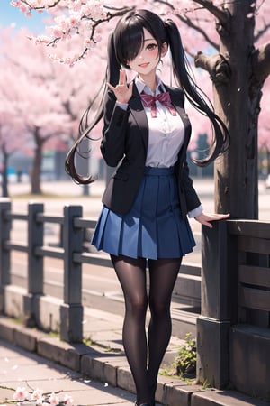 masterpiece, best quality, highres, 1girl, bbkurumi, long hair, hair over one eye, low twintails, school uniform, black jacket, pleated skirt, blue skirt, black pantyhose, , standing, outdoors, cowboy shot, smile, cherry blossoms, waving,
