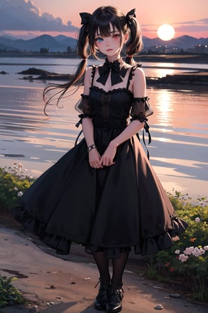 masterpiece, best quality, highres, 1girl, cckurumi, long hair, low twintails, hair flower, heterochromia, hair bow, gothic, black dress, ribbon, , standing, cowboy shot, outdoors, sunset
