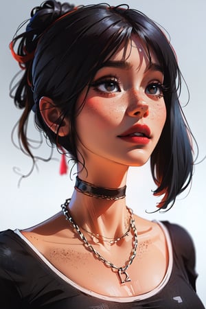 masterpiece, best quality,3d rending work ,3DMM style,close-up,portrait, 3D,1girl, solo, multicolored hair, blue hair, black hair, necklace, freckles, jewelry, two-tone hair, looking to the side, realistic, upper body, simple background, bangs, looking away, short hair, parted lips, black eyes, lips, gothic, choker, makeup, mole, black shirt, shirt, watermark
