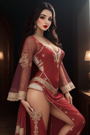 sexy girl, 20 years old, Amy Jackson, Nora Fatahi, erotic, no_clothes, seductress, Instagram model, celestial, romantic, red lips, long doe like intoxicating eyes with mascara, blush, (one side parted disheveled curly long hair:1), sexy fit curvy body, shalwar kameez embroidery outfit suit, deep neck  (thighs:0.5), (cleavage:0.9), sexy sensual standing pose, medium long shot, cinematic shot, atmospheric lighting, Photorealistic, Hyperrealistic, Hyperdetailed, detailed saturated skin, soft lighting, subsurface scattering, (realistic textures:1.3), masterpiece, best quality, ultra-realistic, long medium shot, centre composition, 8k, golden ratio, Intricate, (romantic film grading:1), film photography, award-winning photography, soft focus, dynamic abstract  background, fcHeatPortrait, light studio,arshadArt, full body with beautiful high heel, 